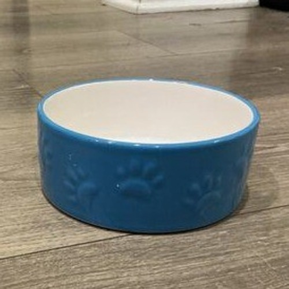 Frisco Pet Ceramic Dog Cat Bowl 5.25 in Blue Embossed Paw Prints Dish Maximalist